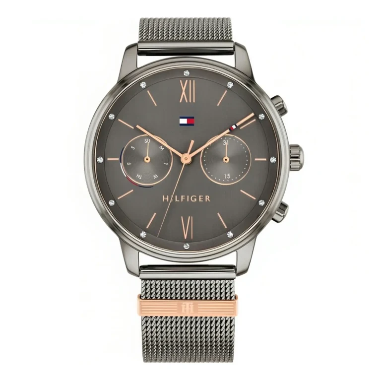 A stylish men's watch with a mesh band, featuring a dark dial and elegant rose gold accents.
